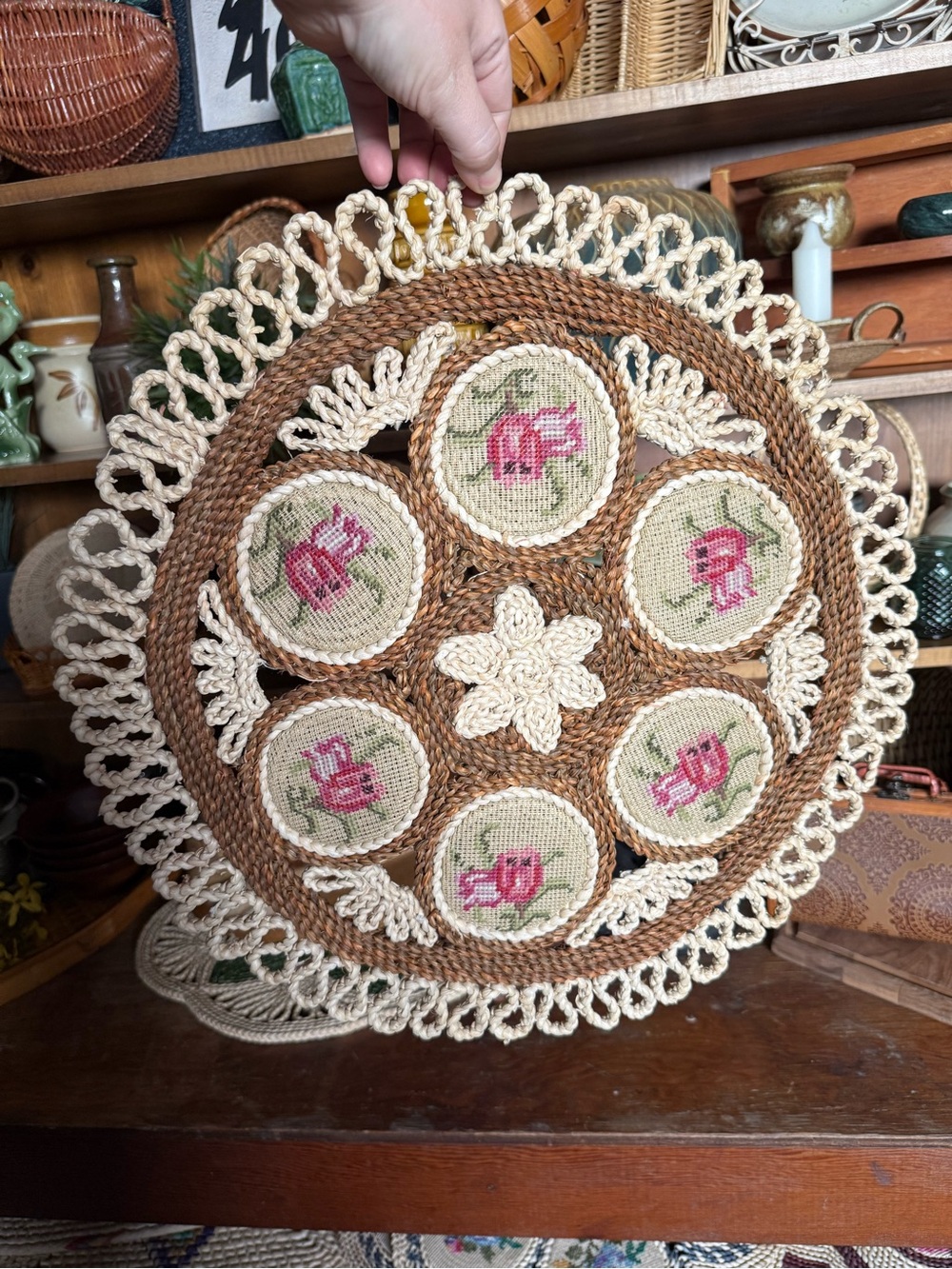Massive Handmade Woven Round Table
decor with Pink Floral Cross-Stitch